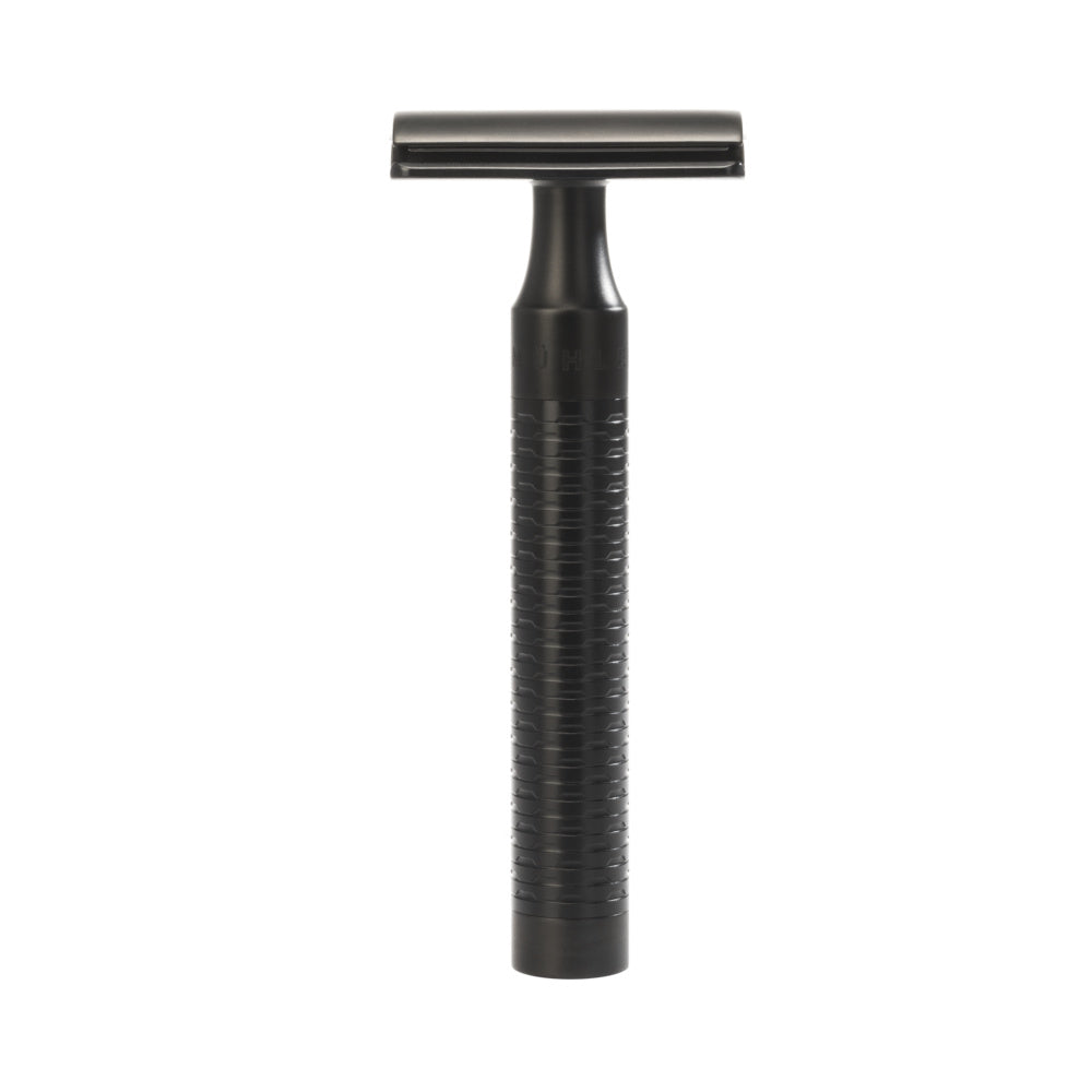 Safety razor, closed foam edge, stainless steel with black handle, DLC ROCCA