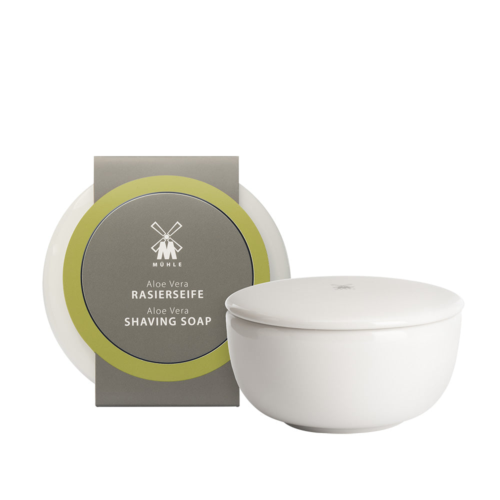 Shaving soap in porcelain bowl, with Aloe Vera